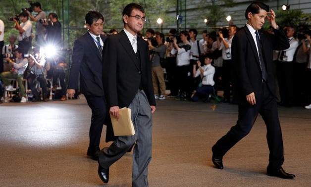 Japan's new Foreign Minister Taro Kono leaves Prime Minister Shinzo Abe's official residence to attend an attestation ceremony by Emperor Akihito at the Imperial Palace, in Tokyo, Japan August 3, 2017. REUTERS