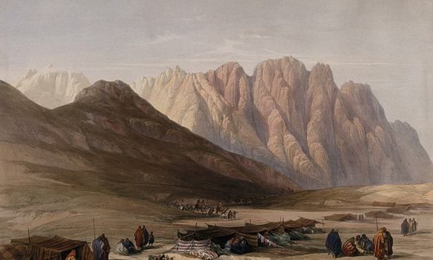 Encampment of the Aulad-Sa'id at Mount Sinai. Colored lithograph by Louis Haghe after David Roberts, 1849