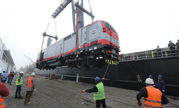 General Electric train engines arriving in Alexandria Seaport on March 31, 2020. Press Photo