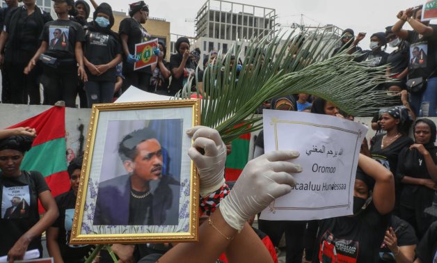 Members of the Oromo Ethiopian community in Lebanon take part in a demonstration to protest the death of musician and activist Hachalu Hundessa, in the capital Beirut on July 5, 2020. (ANWAR AMRO / AFP)