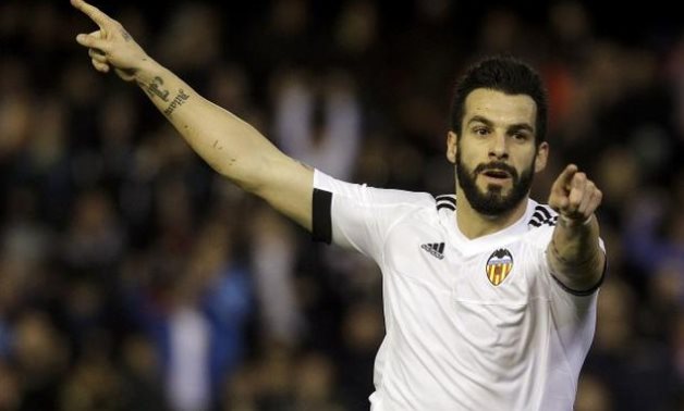 Negredo celebrates after scoring for Valencia, Reuters
