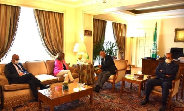 Arab League Secretary General Ahmed Abou al-Ghait and Stephanie Williams, head of the United Nations Support Mission in Libya (UNSMIL), in Cairo on August 30, 2020. Press Photo 
