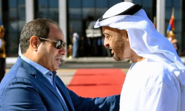 File- FILE - Egypt’s President Abdel Fattah Al-Sisi greets Crown Prince of Abu Dhabi Sheikh Mohammed bin Zayed Al Nahyan- press photo