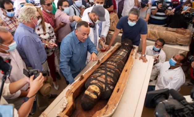 Khaled el-Anani, Egypt's Minister of Tourism and Antiquities [R] and Mostafa Waziri during the newest Saqqara archaeological discovery, Oct. 3,2020 - Photo via Egypt's Min. of Tourism & Antiquities         