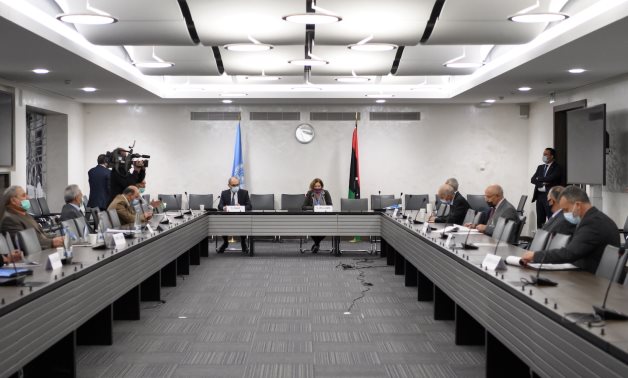 A general view of the talks between the rival factions in the Libya conflict at the United Nations offices in Geneva, Switzerland October 20, 2020 . Fabrice Coffrini/Pool via REUTERS