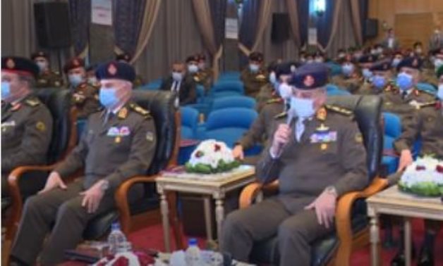Minister of Defense and Military Production Mohamed Zaki (R) and Chief of Staff Mohamed Farid (L) attend presentation on research on cooperation with Nile Basin countries on November 30, 2020
