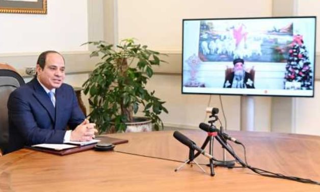 Pope Tawadros watches Sisi in a video conference - Youtube still