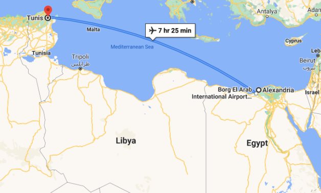 Aviation distance between Egypt and Tunisia on Google Maps