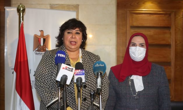 Egypt's Minister of Culture Inas Abdel Dayem [L] and Minister of Social Solidarity Nevine el-Kabbaj [R] during the press conference - Press photo