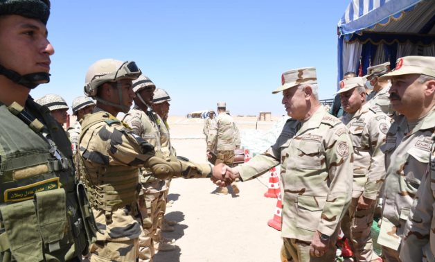 Chief of Staff Mohamed Farid attending main stage of the exercise project "Fateh 2021" in Southern Military Zone on April 13, 2021. Press Photo 