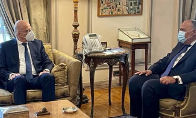 Egypt's foreign minister Sameh Shoukry with his Greek counterpart Minister Nikos Dendias in Cairo