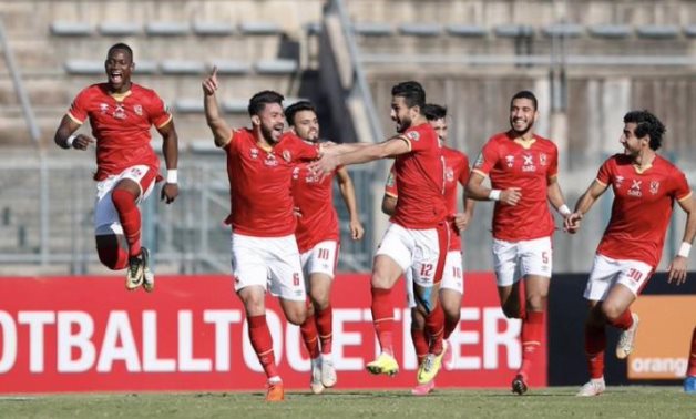 File- Al Ahly players celebrate Yasser Ibrahim's goal against Mamelodi Sundowns