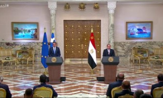 President Abdel Fatah al-Sisi and Greek Prime Minister Kyriakos Mitsotakis in a joint press conference in Cairo, Egypt on June 21, 2021. TV screenshot