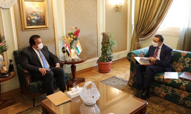 Egyptian Minister of Higher Education and Scientific Research, Dr. Khaled Abdel Ghaffar discuss with Ajit Gupta, the Indian ambassador in Cairo boosting educational cooperation 