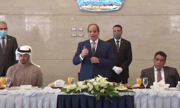 President Abdel Fattah El Sisi holds a luncheon for leaders who participated in the inauguration of the July 3 Navy Base in the city of Gargoub, Marsa Matrouh- screenshot from the presidency's video.