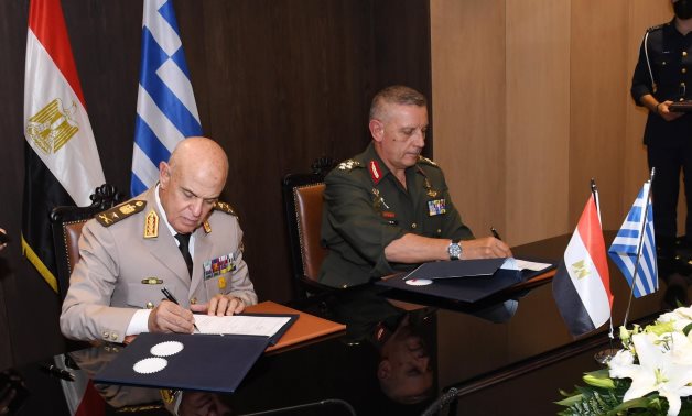 Chief of Staff Mohamed Farid and his Greek counterpart Konstantinos Floros signing cooperation protocol on military education in Greece in July 2021. Press Photo