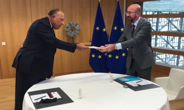Minister of Foreign Affairs Sameh Shokry and President of the European Council Charles Michel in Brussels, Belgium on July 12, 2021. Press Photo 