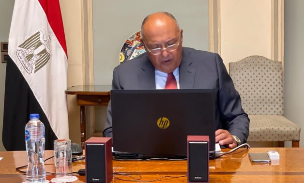 Minister of Foreign Affairs Sameh Shokry during his participation via video-conference in the first meeting of the International Forum on COVID-19 Vaccine Cooperation on August 5, 2021. Press Photo 