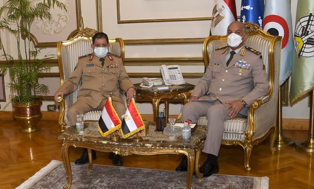 Yemen’s Defense Minister Mohammed Ali Al-Maqdashi (L) meets with Egypt’s Defense Minister Mohamed Zaki in Egypt – Egyptian military spox