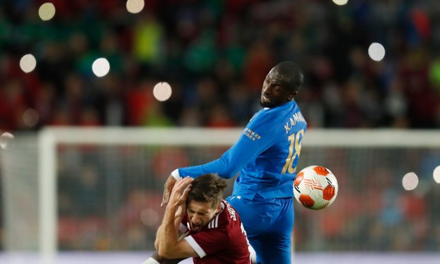Rangers' Glen Kamara is shown a red card by the referee after he clashes with Sparta Prague's Michal Sacek REUTERS/David W Cerny