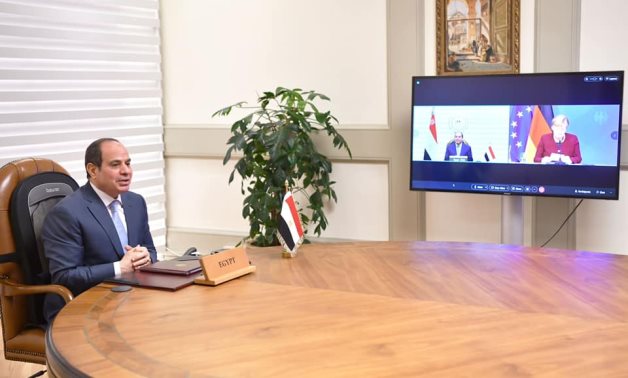 Egypt's President Abdel Fattah El-Sisi speaks via video conference with German Chancellor Angela Merkel - Presidency