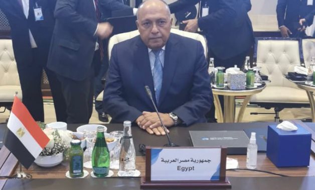 Minister of Foreign Affairs Sameh Shokry while participating in the international conference Libya held to support stability on its territories. Tripoli, Libya. October 21, 2021. Press Photo 