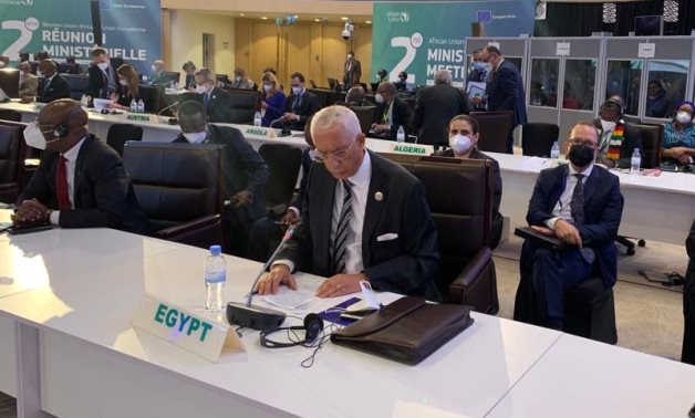 Deputy Minister of Foreign Affairs for African Affairs Hamdy Loza participating in the 2nd EU-AU ministerial meeting in Kigali, Rwanda on October 26, 2021. Press Photo  