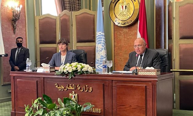 Minister of Foreign Affairs Sameh Shokry and UN Resident Coordinator Elena Panova in the launching of the Joint Platform for Migrants and Refugees in Egypt in Cairo on November 4, 2021. Press Photo