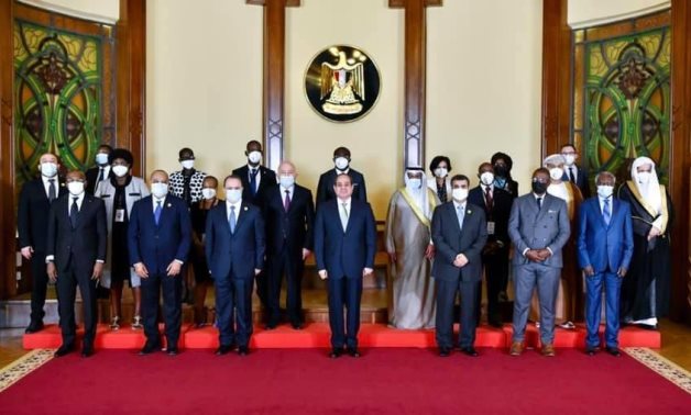 President Abdel Fatah al-Sisi posing with African and Arab public prosecutors in Cairo, Egypt on November 8, 2021. Press Photo