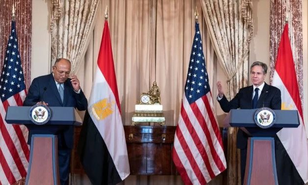 US Secretary of State Antony Blinken, right, gestures, to Egyptian Foreign Minister Sameh Shoukry during a U.S.-Egypt strategic dialogue at the State Department- Reuters