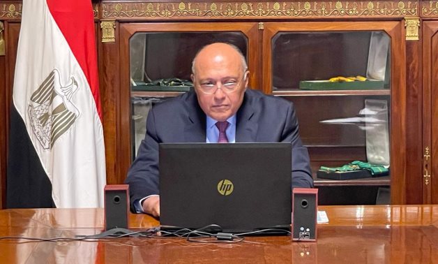 Egypt's Foreign Minister Sameh Shoukry speaks during ministerial meeting of int’l donor group for Palestine (AHLC), 17 November 2021 - Egyptian Foreign Ministry