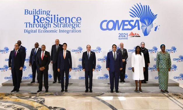 COMESA chiefs of state and officials posing for a group photo at the 21 Summit held in Egypt's New Administrative Capital on November 23, 2021. Press Photo 