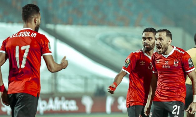 File - Maaloul and El Soulia celebrate Al Ahly's opening goal in the 2020 CAF Champions League final against Zamalek