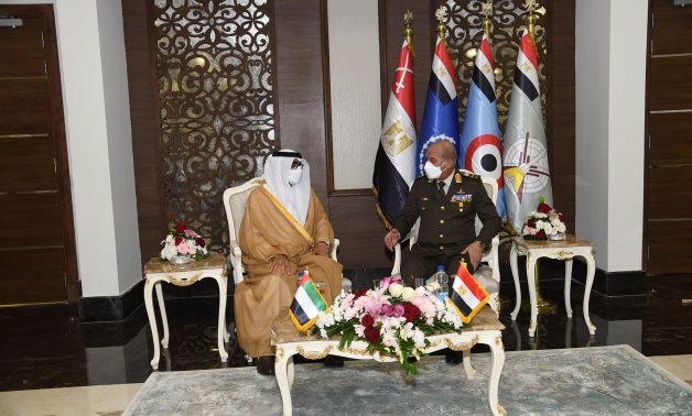 Minister of Defense and Military Production Mohamed Zaki and UAE Minister of State for Defense Affairs Mohamed al-Bawardi in meeting in Cairo, Egypt on November 29, 2021. Press Photo
