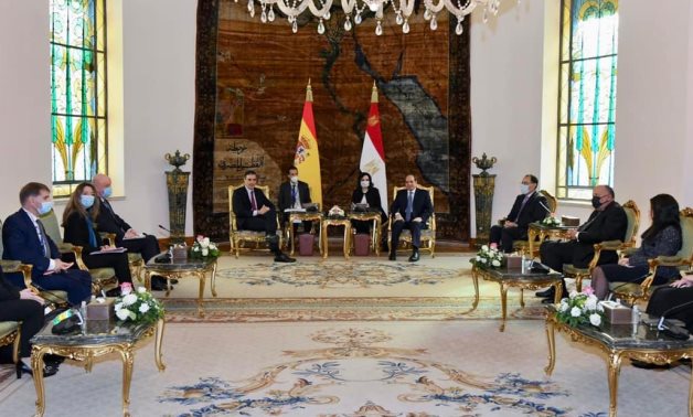 President Abdel Fatah Sisi and Spanish Prime Minister Pedro Sanchez in Al Itihadiyah Presidential Palace on December 1, 2021. Press Photo