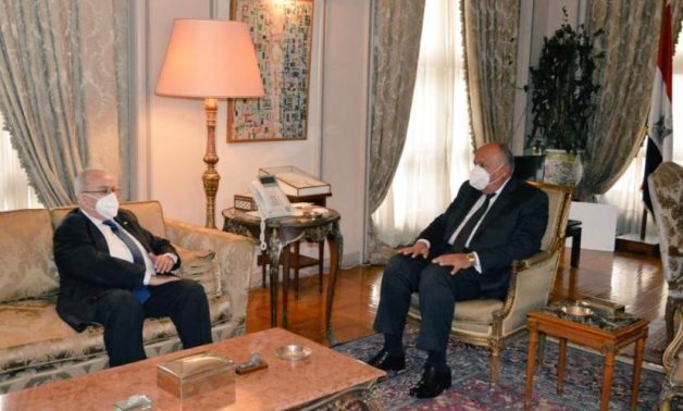 Minister of Foreign Affairs Sameh Shokry and his Alegrian counterpart Ramtane Lamamra in Cairo, Egypt on January 16, 2022. Press Photo