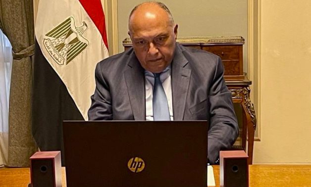 Egypt’s Foreign Minister Sameh Shoukry  participated, on Monday, via videoconference in the ministerial consultative meeting between the AU Peace & Security Council, the African members of the UNSC- Press photo