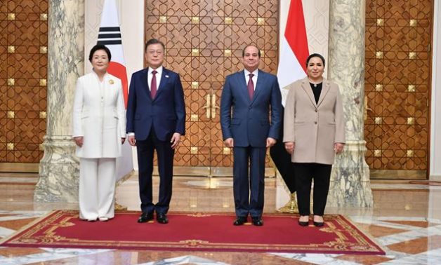 President Abdel Fattah El-Sisi and Egyptian First Lady Entissar El Sisi received South Korean President Moon Jae-in and his spouse at the Egyptian Presidential Palace- press photo