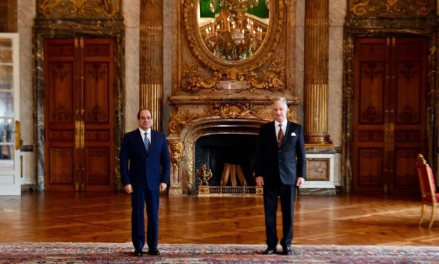 President Abdel Fatah al-Sisi and King Philippe Leopold of Belgium at the Royal Palace of Brussels on February 17, 2022. Press Photo