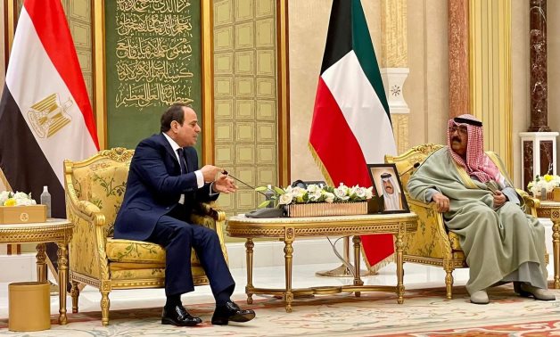 President Abdel Fatah al-Sisi and Crown Prince Sheikh Mishal al-Ahmed al-Jaber al-Sabah in Kuwait on February 22, 2022. Press Photo