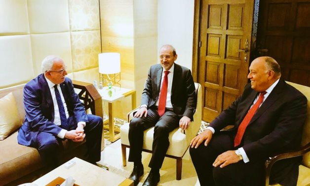 The foreign ministers of Egypt, Jordan, and Palestine in Cairo, Egypt on March 9, 2022. Press Photo