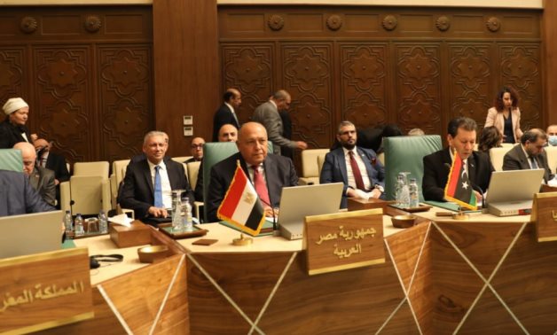 Egyptian Foreign Minister Sameh Shoukry gives a speech at the 157th meeting of the Arab League Council on the foreign ministerial level on Wednesday- press photo