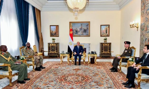 President Abdel Fatah al-Sisi's meeting with Land Force Commander Lieutenant-General Muhoosi Kainerugaba in Cairo, Egypt on March 20, 2022. Press Photo