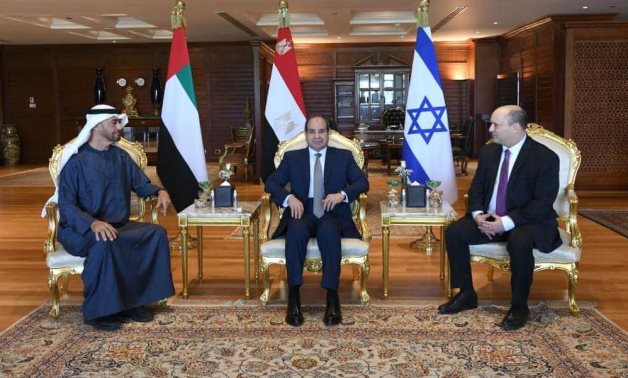 The Egyptian and Israeli heads of state, and Abu Dhabi Crown Prince in Egypt on March 22, 2022. Press Photo