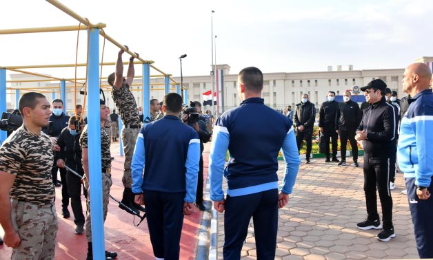 President Abdel Fatah al-Sisi watching students exercising at the Police Academy on March 24, 2022. Press Photo
