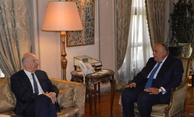 Meeting of Minister of Foreign Affairs Sameh Shokry and his Greek counterpart Nikos Dendias in Cairo, Egypt on March 28, 2022. Press Photo 