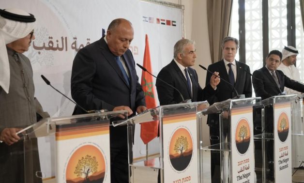 Egypt's Foreign Minister Sameh Shoukry attends a press conference with foreign ministers of US, Israel, Morocco, UAE, and Bahrain 