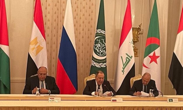 File- Egyptian Foreign Minister in a joint press conference with Russian counterpart Sergey Lavrov and the Arab League Secretary-General Ahmed Aboul Gheit in Moscow on Monday, April 4, 2022- press photo