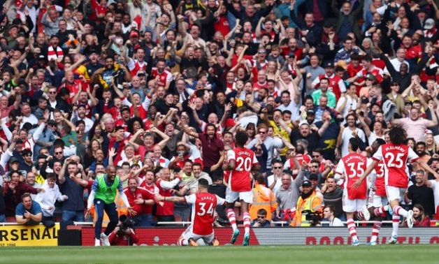 Granit Xhaka celebrates scoring third goal during their Premier League match against Manchester United, Reuters