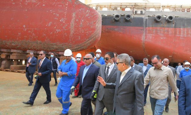 Tour of Minister of Transport Kamel al-Wazir and Chairman of the Suez Canal Authority Osama Rabie at Suez Shipbuilding Company on April 25, 2022. Press Photo 